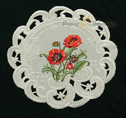 Quinnyshop Coquelicot Rouge Broderie Surnappe 85 x 85 cm Carré Polyester, Crème - Nail Gallerys