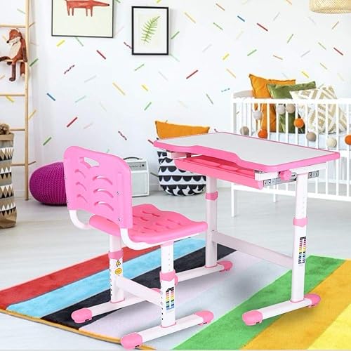 Bureau d'étude pour enfants à hauteur réglable, ensemble de chaise de bureau d'étude pour enfants Bureau d'étudiant avec support de lecture et lampe de protection des yeux pour garçons et filles(Rose) - Nail Gallerys