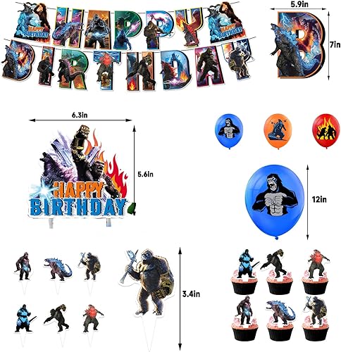 Godzilla Kit de décoration d'anniversaire Godzilla avec ballons, décoration de gâteau, bannière d'anniversaire pour enfants - Nail Gallerys