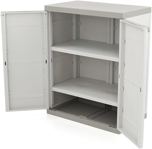 Plastiken Armoire de Rangement Basse 2 Portes Blanc et Beige, Armoire de Rangement Basse 2 Portes Blanc et Bei - Nail Gallerys