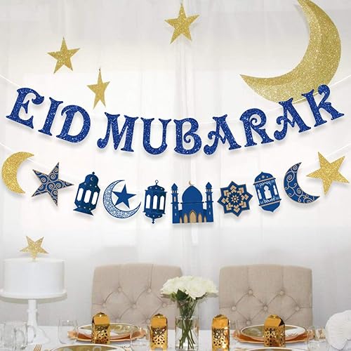 Eid Mubarak Banner, Eid Mubarak Decorations Eid Mubarak Bunting Garland Blue Glitter, Ramadan Hajj Mubarak Kareem Decorations for Home Office Muslim Islamic Party Supplies - Nail Gallerys