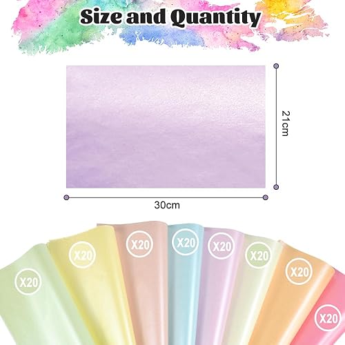 CAREDGO 160 Feuilles Papier de Soie, 30x21cm Papier D'emballage Cadeau, 8 Couleurs Papier de Soie D'emballage, Papier de Soie Coloré Sacs Cadeaux pour Emballage Cadeau Pompons Artisanat Bricolage - Nail Gallerys