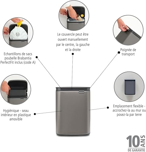 Brabantia - Poubelle de 4L - Petite & élégante - Ouverture facile et couvercle à fermeture douce - Hygiénique et peu encombrante - Fixation murale - pour salle de bains, toilettes, chambre - Platinum - Nail Gallerys