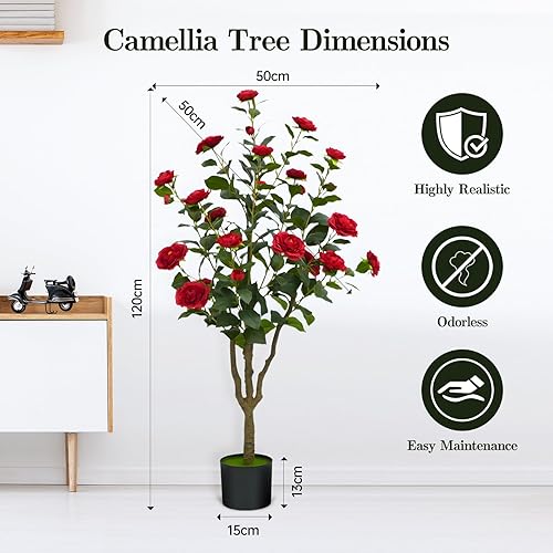 2 pcs Camélia Artificiel 120 cm, avec 24 Fleurs Rouges, Plante Camélia Artificielle en Plastique, Plante en Pot pour Bureau Moderne, Maison, Salon, Décoration de Sol, Facile à Entretenir - Nail Gallerys
