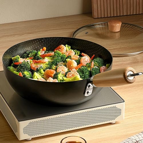 Folpus Casserole en fer, poêle sauté, cuisinière à induction avec poignée en bois, ustensiles de cuisine de cuisine, avec gadgets de maison de couvercle, wok, 18cm - Nail Gallerys