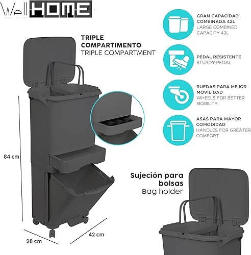 Poubelle de tri sélectif à pédale, roulettes et poignée, triple compartiment, noir anthracite, 42 L (24 L + 4 L + 14 L) - Nail Gallerys
