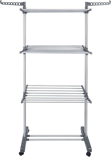 HUOLE Séchoir à Linge Tour 3 Niveaux Ailes Pliables en Acier Inoxydable avec 4 Roues Grande Capacité Ultra Stable Étendoir à Linge pour Usage Intérieur/Extérieur-126 * 64 * 170cm (Gris) - Nail Gallerys