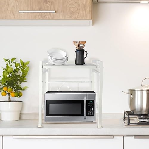 Étagère pour micro-ondes (2 niveaux), pieds antidérapants et caoutchoutés, extensible, 40 à 64 cm, avec 6 crochets (2 étages, blanche, 40-64 x 36,5 x 45 cm) - Nail Gallerys