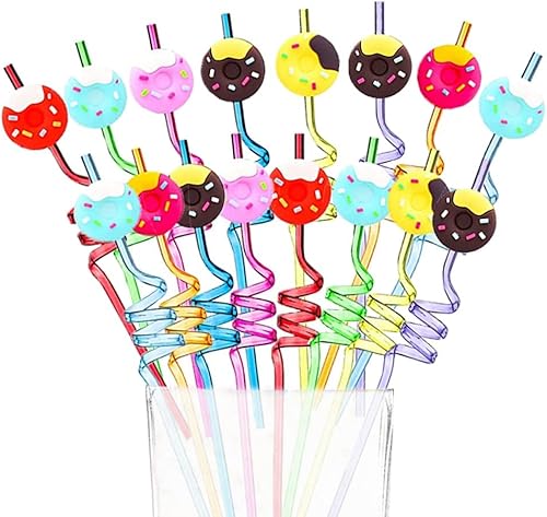 12 Reusable Donuts Pailles en plastique pour les fêtes d'anniversaire des filles et des garçons | Donuts Grandir Thème Faveurs de fête avec 2 Brosses de Nettoyage - Nail Gallerys