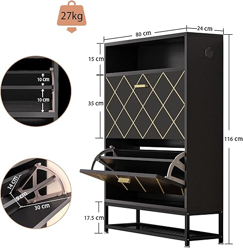 Vicye Meuble à Chaussures, Meuble Chaussure Entrée Étroit avec LED Colorées, 24 Paires de Chaussures, 2 Portes Rabattables et Pieds Métal, Meuble Chaussures en Bois pour Couloir, Salon, Chambre, Noir - Nail Gallerys