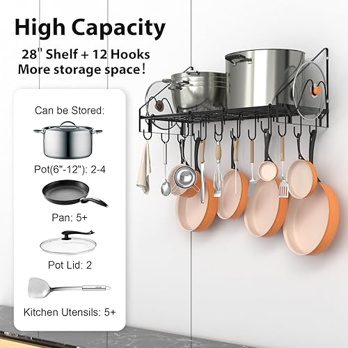 VyGrow Étagère murale à suspendre pour casseroles et poêles avec 12 crochets et 2 supports pour couvercles de casseroles, en acier robuste, pour ustensiles de cuisine, ustensiles de cuisine - Nail Gallerys
