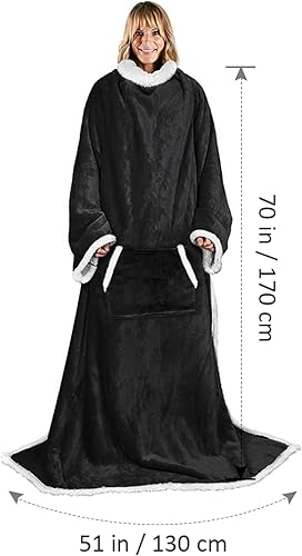 Maxesla Couverture Portable avec Manches et Poches, Pull Plaid Femme Flanelle Microfibre, Douce et Chaude Plaid Pull Femme, 175 x 130 cm, Noël Idée Cadeau pour Homme et Femme, Noir - Nail Gallerys