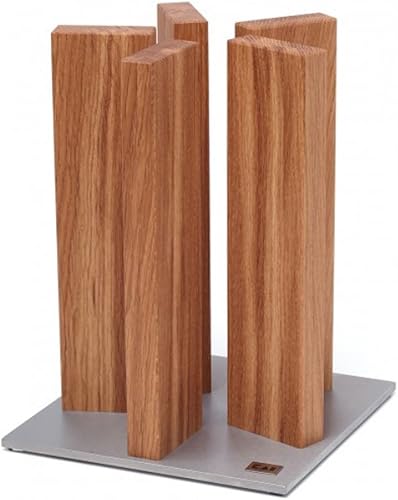 KAI Bloc à couteaux magnétique Stonehenge en chêne avec base en acier inoxydable - bois haut de gamme - pour 10 couteaux - dimensions 21 x 21 x 28-30 cm, Marron - Nail Gallerys