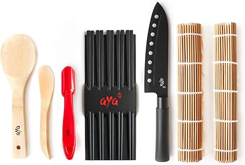 Aya Kit à Sushi -2 Nattes de Première Qualité - Kit Bambou 100% Naturel avec Couteau à Sushi - Tutoriels Vidéo - Spatule et Cuillère à Riz - Nail Gallerys
