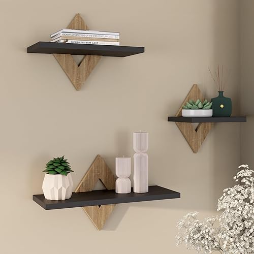 IDMarket - Lot de 3 étagères murales Iris façon hêtre et Noir - Nail Gallerys