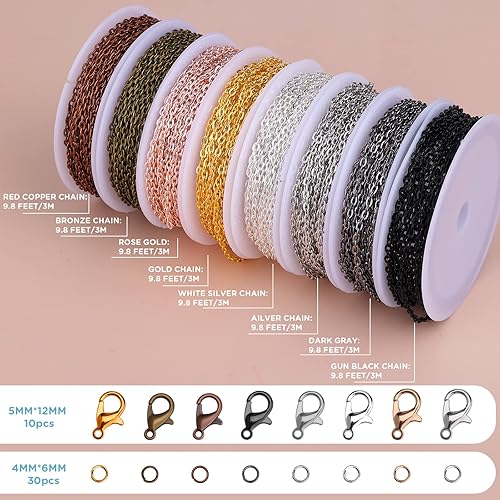 LUTER 2 mm 8 Couleurs 24m Chaînes de Bijoux creation avec Anneaux de Saut Ouverts Fermoirs Homard pour L'artisanat de Bricolage, les Fournitures de Bijoux - Nail Gallerys