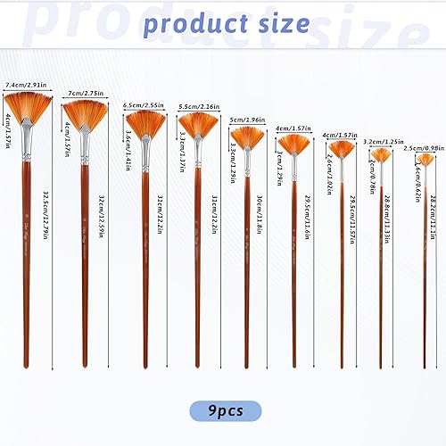 JIYIN Lot de 9 pinceaux éventails en nylon - Pinceaux acryliques - Pinceaux pour peinture acrylique, aquarelle, peinture à l'huile, gouache - Nail Gallerys