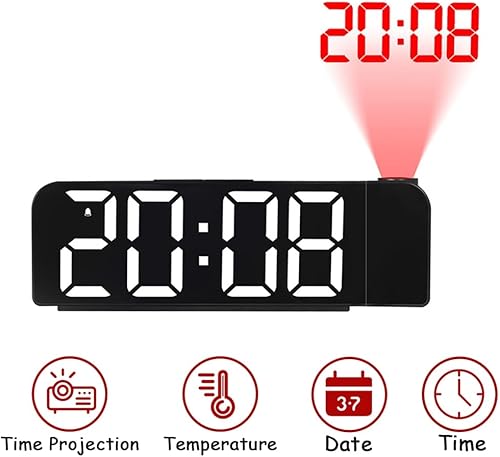 Puooifrty RéVeil à Projection Rotation 180° 12/24H Horloge NuméRique LED Charge USB RéVeil Projecteur de Plafond (Blanc) - Nail Gallerys