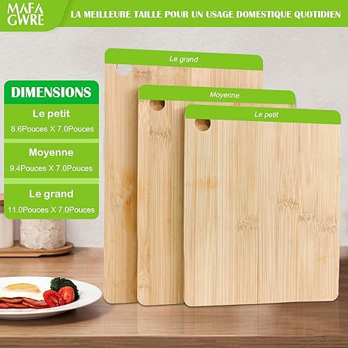 Mafagwre Ensemble De 3 Planches à Découper En Bambou Planches De Petit-déjeuner En Bambou -28x18cm / 24x18cm / 22x18cm Pour Légumes, Viande Ou Fromage- Antibactérienne Naturel - Nail Gallerys