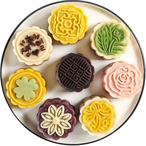 Chiic 7 Pcs Moule Patisserie Orientale, Moule à Lune Gâteau,Fleur Rond Motif Hand-Pressure Lune Moule à Gâteau 50g,Tampon Biscuit Personnalisable Décoration De Gâteau Cuisson - Blanc - Nail Gallerys