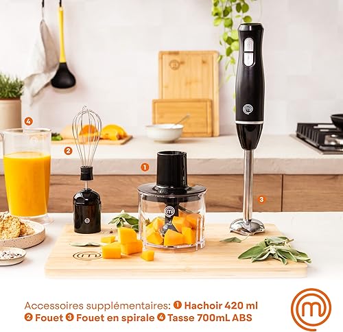 MasterChef Mixeur Plongeant et Mini Hachoir, Blender Soupe / Presse Puree Electrique 4 en 1 avec Verre Doseur 700ml, Fouet et Bol Hachoir, Deux Vitesses, avec Lames Acier Inoxydables, Noir - Nail Gallerys
