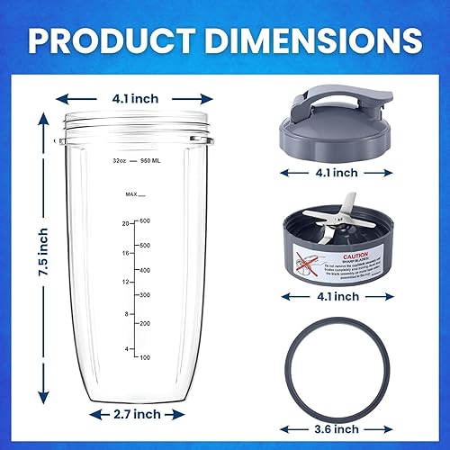 Tasse de rechange de 946 ml pour la tasse Nutribullet avec un couvercle portable – Lame d'extraction de qualité supérieure pour le mélangeur Nutribullet et 2 anneaux de couvercle compatibles avec les - Nail Gallerys