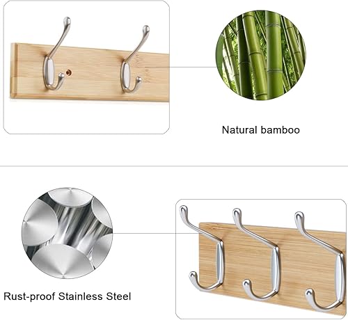 Porte-manteau mural en bois avec 6 crochets doubles en bambou pour vestes, manteaux, écharpes, sacs à main et plus encore, naturel - Nail Gallerys