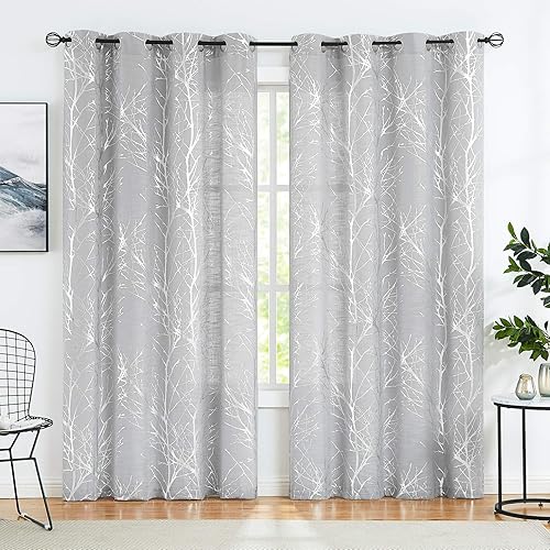 Lot de 2 voilages métallisés à motif de branches d'arbre pour chambre à coucher, rideaux blancs et dorés, 183 cm de hauteur, rideaux semi-transparents pour fenêtre de salon, 127 cm de large - Nail Gallerys