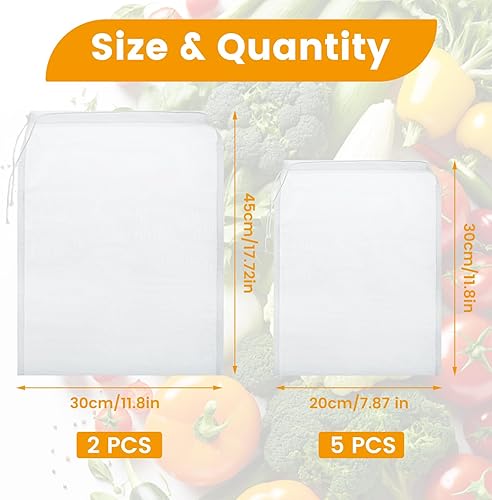 NVGVUP Lot de 7 sacs à lait de noix - Tissés fins - Réutilisables - 2 tailles - En nylon avec cordon de serrage - Bio - Lavables - Pour fromage, café, jus de fruits, yaourt, jus de légumes (20 × 30 - Nail Gallerys