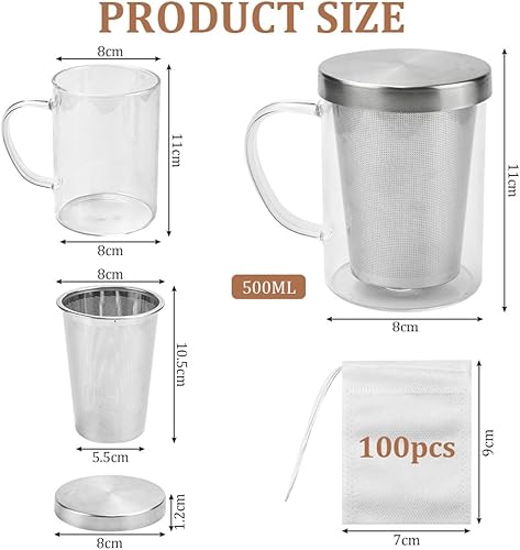 ADERTOS Tasse à Thé avec Infuseur à Thé et Couvercle Tasse à Thé avec Couvercle et Passoire Mug Thé avec Infuseur Verre de Thé Borosilicate avec Infuseur avec 100 Sachets de Thé pour Maison (500ML) - Nail Gallerys