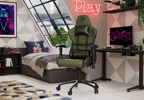 Cougar Gaming | Fauteuil Gaming | Armoronegreen - Vert - Conception Ergonomique - Revêtement en Similicuir - Ajustable - Structure Aluminium - Roulettes Silencieuses - Nail Gallerys