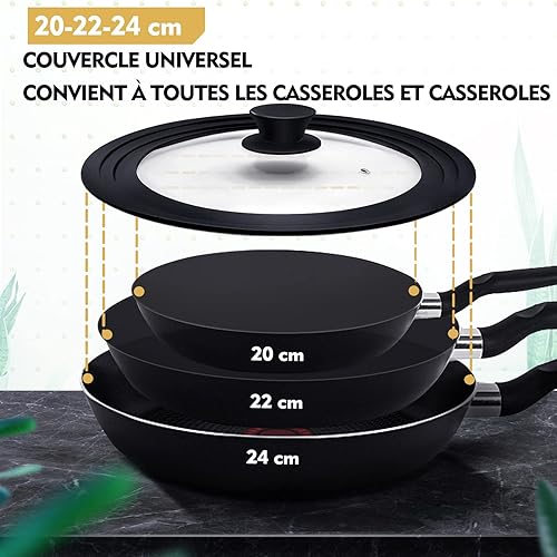 Ydeapi Couvercle Universel - Anneau en Silicone pour Casseroles/Poêles de Diamètre 20/22/24 cm, peu Encombrant, Design à Bords Gradués, Trou de Vapeur, Verre, va Lave-Vaisselle - Nail Gallerys
