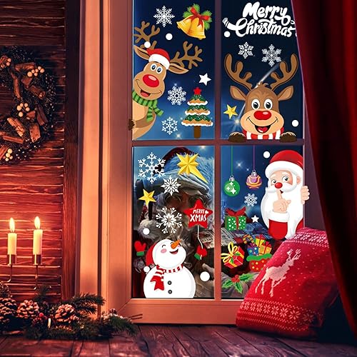 Stickers Noel, Decoration Noel Fenêtre Autocollant Noël Reutilisable,Double Face Amovibles DIY Fenêtres Stickers, Renne Père Noël Flocon de Neige PVC Stickers, 8 Feuilles,256Pcs, 20 * 30cm - Nail Gallerys