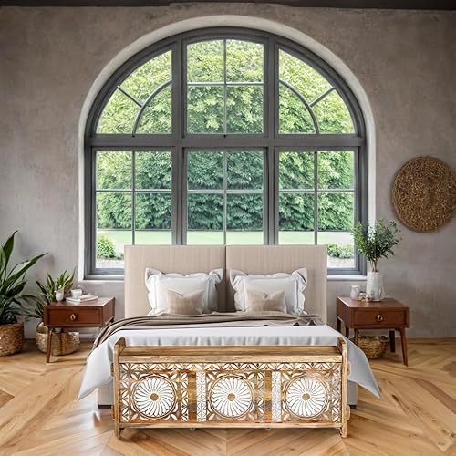 Marrakech Banc décoratif bohème avec espace de rangement en bois 133 cm de large | Coffre en bois avec couvercle Aaren comme meuble de chambre à coucher, salon | Banc à chaussures avec assise pour le - Nail Gallerys