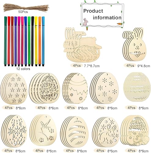 Zoonvii 48 Pièces Artisanat en Bois de Pâques, Pâques Pendentifs avec 12 Stylos, Bois Suspendus Ornements, Pâques Pendentifs D'oeufs, Decoration Paques en Bois Kit, Ornement Suspendu pour Bricolage - Nail Gallerys