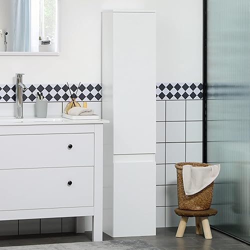 kleankin Meuble Colonne Rangement Salle de Bain 2 placards 3 étagères réglables Style Contemporain 30 x 28 x 152,5 cm Blanc - Nail Gallerys