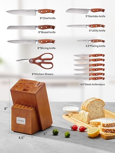 Couteau de Cuisine FOHERE14 Pièces Ensemble Set Couteaux de Cuisine en Acier Inoxydable avec Bloc en Bois, Bloc de Couteaux avec Affûteur Intégré, Brun - Nail Gallerys