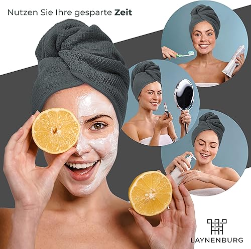 LAYNENBURG Lot de 2 Turban de qualité supérieure - 2 Boutons - 100% Coton Serviette en piqué gaufré & Tissu éponge - Bouton de Serviette pour Cheveux Courts et Longs - séchage Rapide (Antracite) - Nail Gallerys
