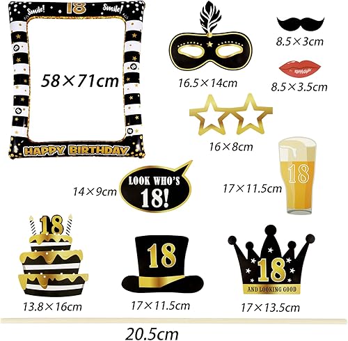 25PCS Accessoires de Photomaton Anniversaire 18Ans Photobooth avec Cadre Photocall Gonflable Rétro Cabine Noir Doré Props Accessoires de Selfie Décoration (18 Ans) - Nail Gallerys
