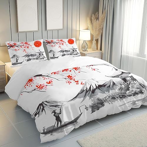 Parure de Lit 160x200 Japonais Imprimé Housse de Couette avec 2 Taies d'oreiller 65x65, Fleurs 1 Personne Ensemble de literie pour Filles Garçons Ado Décoration Chambre LC-599 - Nail Gallerys