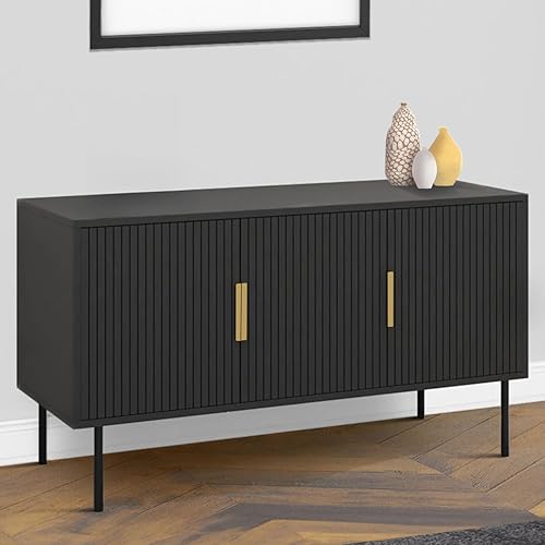 IDMarket - Buffet 110 cm Marcel 3 Portes Lattes tasseau Bois Noir - Nail Gallerys