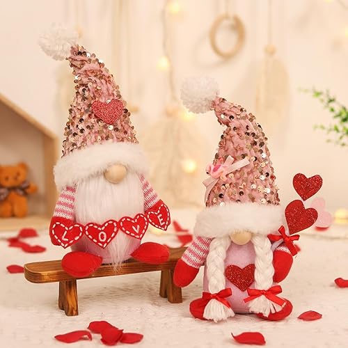 2 Pièces Décorations de gnomes de la Saint Valentin, Gnome en peluche avec chapeau de paillettes, Poupées en peluche suédoise faites à la main, Couple rose ornements de gnome sans visage pour Amoureux - Nail Gallerys