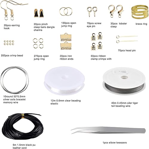 Fangehong Kit Fabrication de Bijoux, Bijoux Faisant Kit, Conclusions Fermoirs de Homard Anneaux de Saut Cordons Pince à Épiler pour Réparation Outils de Bijoux Collier Bracelet DIY Artisanat (Or) - Nail Gallerys