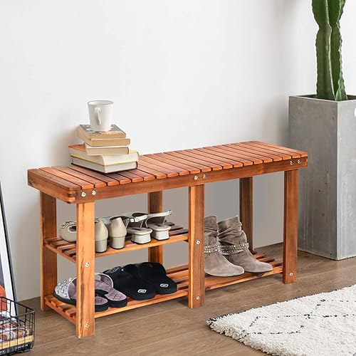 COSTWAY Banc à Chaussures en Bois d'Acacia, Étagère de Rangement à 3 Niveaux, Charge 160 kg, pour l’Entrée, Salon, Salle de Bain, Couloir, Jardin 28 x 87 x 45 cm, Roux - Nail Gallerys