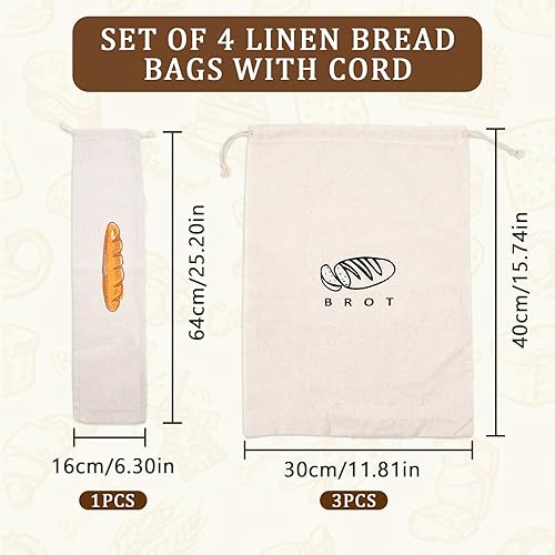 Lot de 4 Sacs à Pain en Lin, 40 x 30 cm / 64 x 16 cm Sac a Pain Tissu avec Cordon de Serrage, Réutilisables Sachet de Stockage de Nourriture, Poche à Pain pour Pain, Baguette, Fruits, Légumes - Nail Gallerys