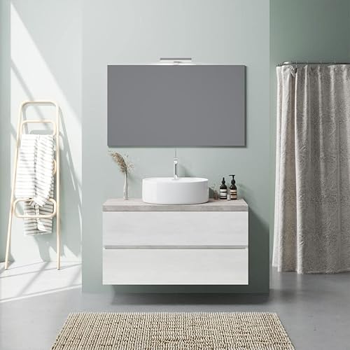 Kiamami Valentina Lavabo Suspendu Meuble Vasque 100cm chêne Blanc et Plan Beton avec lavabo à Poser - Nail Gallerys
