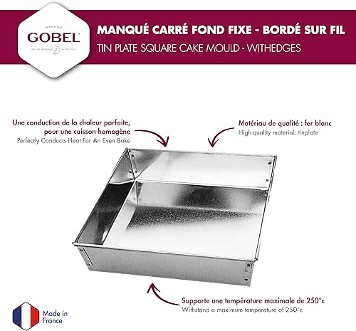 Gobel 124110 Moule à Manqué Carré Fond Fixe Fer Blanc bordé sur fil 22 cm de côté - Nail Gallerys