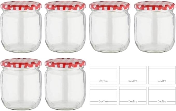 Devitre Lot de 6 pots à confiture avec étiquettes et couvercles 425 ml - Nail Gallerys