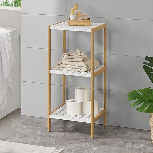 [en.casa] Étagère de Rangement Stylée à 4 Surfaces de Stockage pour Salle de Bain Cuisine Salon Bambou MDF 33 x 34 x 110 cm Naturel Blanc - Nail Gallerys