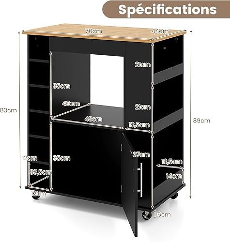 COSTWAY Desserte de Cuisine sur roulettes, Chariot Ilot de Cuisine Comptoir en Bambou, Casier à Vin pour 6 Bouteilles, Support à Épices, Roues Verrouillables, 44 x 76 x 89 cm (Noir) - Nail Gallerys